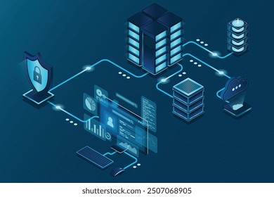 Protección VPN con un escudo. Concepto de tecnología de seguridad de red privada virtual. Ciberseguridad. Ilustración vectorial