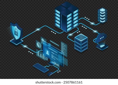 Protección VPN con un escudo. Concepto de tecnología de seguridad de red privada virtual. Ciberseguridad. Ilustración vectorial