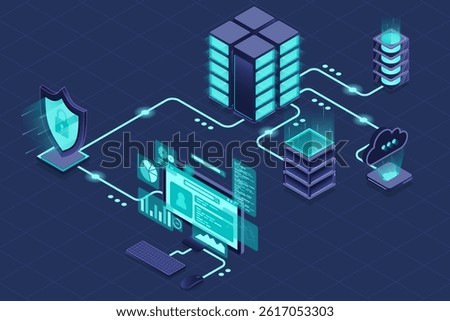 VPN protection with a shield. Virtual private network security technology concept. Cyber security. Isometric technology