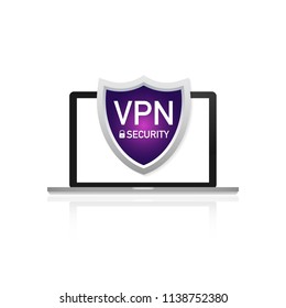 VPN Safety Shield sign on laptop screen on  white background. Vector stock illustration.