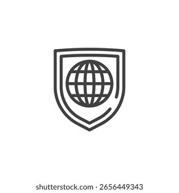 Ícone de linha de conexão segura VPN. Ícone de contorno de um globo com chave ou escudo, simbolizando o acesso remoto protegido. Ícone de linha de vetor que representa a rede virtual privada. Uso do símbolo de ícone.