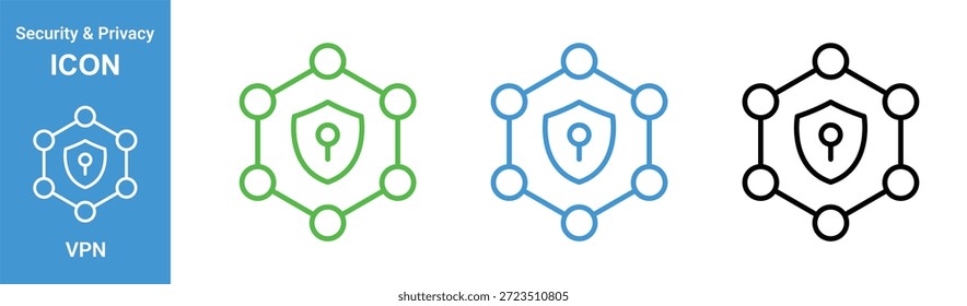 vpn secure network shield key icon set connected nodes outline security privacy