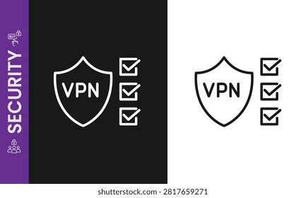 VPN Security Checklist Shield Line Icon Vector, Virtual Private Network Features, Approved Security Protocol, Verified Data Protection, and Compliance Symbol.