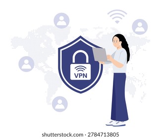 VPN Security and Data Privacy Concept with Woman Using Laptop, Shield with Padlock, and Global Network Connection for Secure Internet Browsing and Cyber Protection Flat Vector Illustration