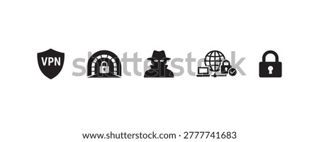 Vpn security icons: shield, tunnel, hacker, global connection, lock symbols.