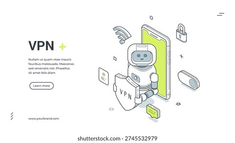 VPN security isometric banner. Robot with shield on a smartphone for data protection. Modern web template vector illustration for a landing page and online privacy service