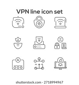 Icono de línea de seguridad VPN con bloqueo, escudo y símbolos de red para App de protección cibernética, Sitios web y diseño de presentaciones

