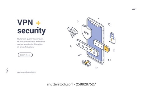 VPN security modern line art web banner. A sleek smartphone displays a VPN shield, illustrating online security. Surrounding elements include symbols of Wi-Fi, a padlock, and rating stars