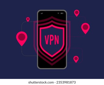 VPN Security Network. Enhancing Internet Privacy with Encryption VPN Software. Virtual Private Network for Anonymous Browsing and Website Access. Vector illustration on dark background with icons