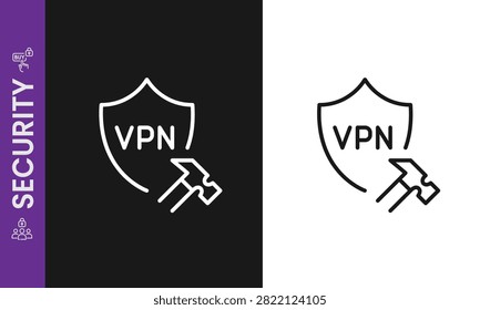 VPN Security Shield Construction Hammer Vector Icon, Virtual Private Network Development Maintenance Protection Linear Outline Symbol, Cyber Safeguard Line Art Graphic