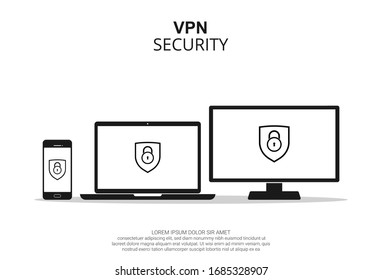 vpn security shield and lock on smartphone, laptop and icons. Internet protection for safe browsing and surfing online, vector template illustration