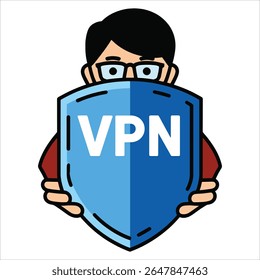 Escudo de segurança VPN protegendo o vetor man. Conceito de segurança na Internet em estilo de ilustração plana moderno.