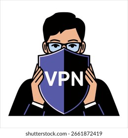 VPN security shield protecting user in modern flat vector style. Internet privacy concept illustration ideal for cybersecurity themes and digital safety visuals.