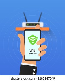 VPN security system. Secure wireless network connection vector illustration. Cartoon hand holding smartphone and use virtual private network. Not blurred router is under all layers