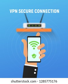 VPN security system. Secure wireless network connection vector illustration. Cartoon hand holding smartphone and use virtual private network. Wifi connection. Not blurred router is under all layers