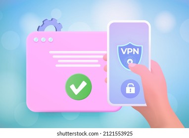 VPN Service app 3d concept. Internet Security Virtual private network and Privacy Data Encryption Software Service. Cartoon hand holding a smartphone with vpn app