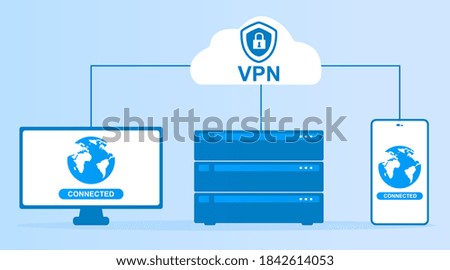 VPN service concept. Communication between digital devices. Can be use for, landing page, web, ui, banner, flyer poster template, background. Flat vector illustration