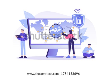 VPN Service Concept. People using VPN security software for computers and smartphones. Virtual Private Network. Secure network connection and privacy protection. Isolated modern vector illustration