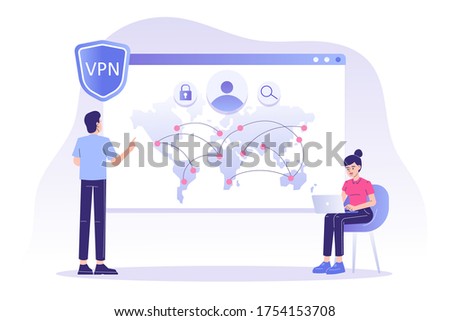 VPN Service Concept. People using VPN security software in user interface. Virtual Private Network. Secure network connection and privacy protection. Isolated modern vector illustration for web banner