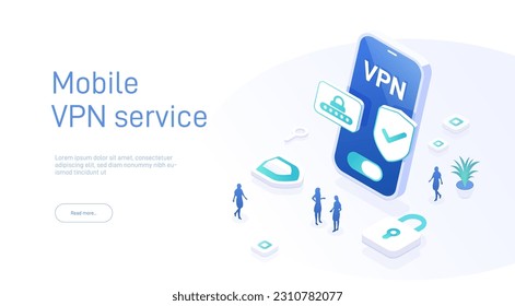 Vpn service concept. Secure internet surfing software for virtual protection network. Safe online access with your devices. Isometric vector illustration.