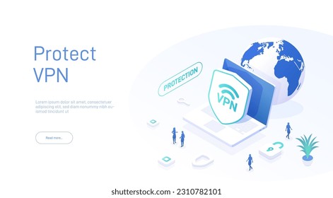 Vpn service concept. Secure internet surfing software for virtual protection network. Safe online access with laptop. Isometric vector illustration.