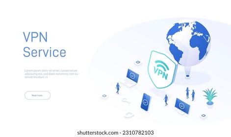 Vpn service concept. Secure internet surfing software for virtual protection network. Safe online access with mobile device or pc. Isometric vector illustration.
