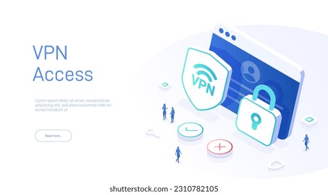Concepto de servicio Vpn. Software seguro de navegación por Internet para red de protección virtual. Acceso seguro en línea con su navegador. Isométrica ilustración vectorial.