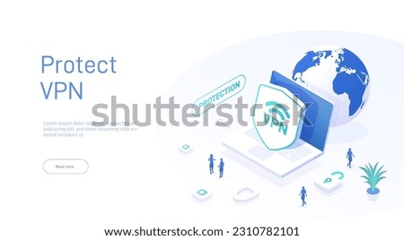 Vpn service concept. Secure internet surfing software for virtual protection network. Safe online access with laptop. Isometric vector illustration.