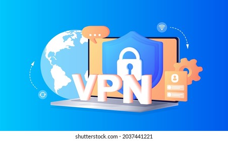 VPN Service Concept. Using VPN to protect his personal data in computer. Virtual Private Network. Secure network connection and privacy protection. Data transfer concept set. Secure web traffic.