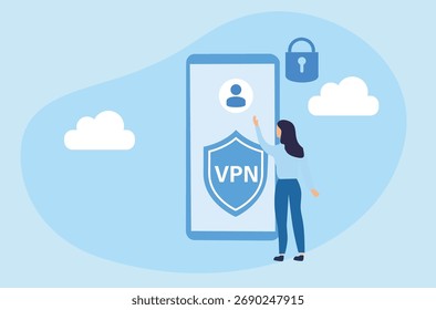 VPN Service Concept. Using VPN to protect  personal data in smartphone. Virtual Private Network. Secure network connection and privacy protection vector illustration
