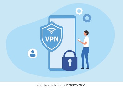 VPN-Dienstkonzept Verwendung von VPN zum Schutz persönlicher Daten in Smartphones. Virtuelles privates Netzwerk. Sichere Netzwerkverbindung und Datenschutz