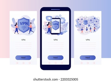 VPN service concept. Virtual Private Network. Cyber security, secure web traffic, data protection. Screen template for mobile, smartphone app. Modern flat cartoon style. Vector illustration
