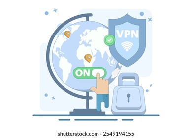 VPN Service Concept. Virtual private network access. Secure internet connection and privacy protection between computing devices and computer networks. Flat vector illustration on background.