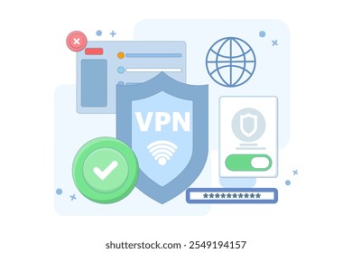 VPN Service Concept. Virtual private network access. Secure internet connection and privacy protection between computing devices and computer networks. Flat vector illustration on background.