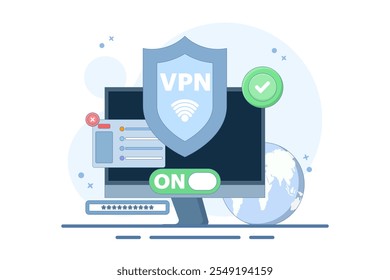 VPN Service Concept. Virtual private network access. Secure internet connection and privacy protection between computing devices and computer networks. Flat vector illustration on background.