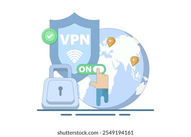 VPN Service Concept. Virtual private network access. Secure internet connection and privacy protection between computing devices and computer networks. Flat vector illustration on background.