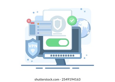 VPN Service Concept. Virtual private network access. Secure internet connection and privacy protection between computing devices and computer networks. Flat vector illustration on background.