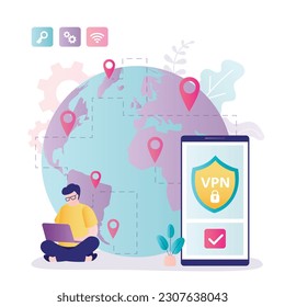 VPN service concept. Young man using VPN to protect personal data in smartphone. Virtual Private Network. Service for changing location of ip address. Secure network connection and privacy protection