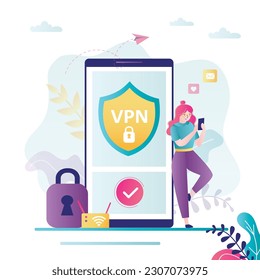VPN Service Concept. Young woman using VPN to protect personal data in smartphone. Virtual Private Network. Secure network connection and privacy protection. Secure web traffic. vector illustration