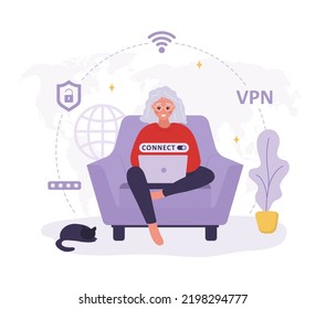 Servicio VPN. Mujer mayor usando red privada virtual. Información personal y seguridad de datos. Seguridad de contraseña. Protección de direcciones IP y ciberespacio. Ilustración vectorial al estilo de las caricaturas planas.