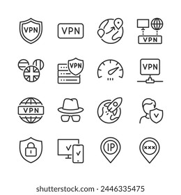 VPN Service, icon set. Virtual private network linear icons. Secure and Privacy, Location Switch and IP Masking, Stay Undetectable. Bypass blocking. Line with editable stroke