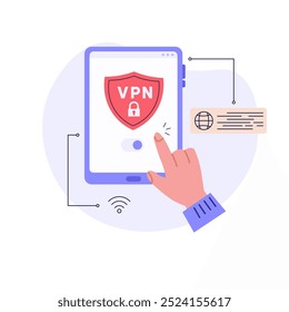 Servicio VPN para portátil o computadora. Protección de datos personales por parte del usuario con el servicio VPN. Concepto de red privada virtual, сseguridad cibernética, tráfico de Web seguro, protección de datos. Ilustración vectorial