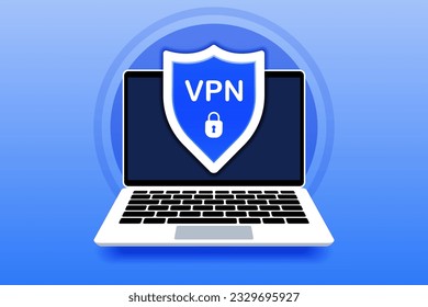 VPN service. Laptop monitor shows VPN connection. Virtual private network. Cyber security, secure web traffic, data protection. Secure network connection and privacy protection