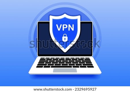 VPN service. Laptop monitor shows VPN connection. Virtual private network. Cyber security, secure web traffic, data protection. Secure network connection and privacy protection