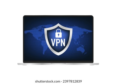 VPN service. Laptop with secure VPN connection concept. Virtual private network. Cyber security, secure web traffic, data protection. Internet security software for computers. Vector illustration