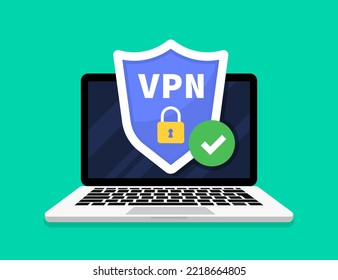 Servicio VPN. Protección de red antivirus vpn privacy. Portátil con concepto de conexión VPN segura. Protección de datos. Ciberseguridad, tráfico web seguro. Servicio VPN seguro utilizado en un portátil. Vector