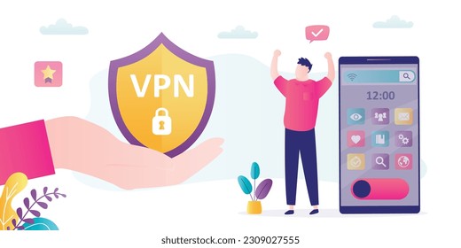 VPN service for secure network connection and privacy protection . Huge hand give VPN to protect personal data in smartphone. Virtual Private Network. Service for changing location of ip address. 