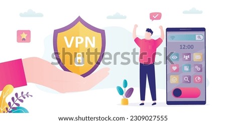 VPN service for secure network connection and privacy protection . Huge hand give VPN to protect personal data in smartphone. Virtual Private Network. Service for changing location of ip address. 