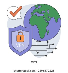 VPN service. Virtual private network access. Secure Internet connection and privacy protection between a computing device and a computer network. Flat vector illustration