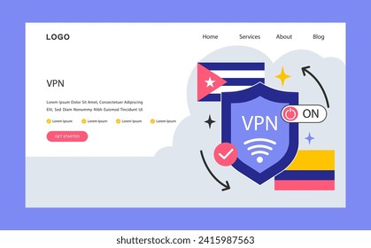 VPN service web banner or landing page. Virtual pivate network access. Secure Internet connection and privacy protection between a computing device and a computer network. Flat vector illustration